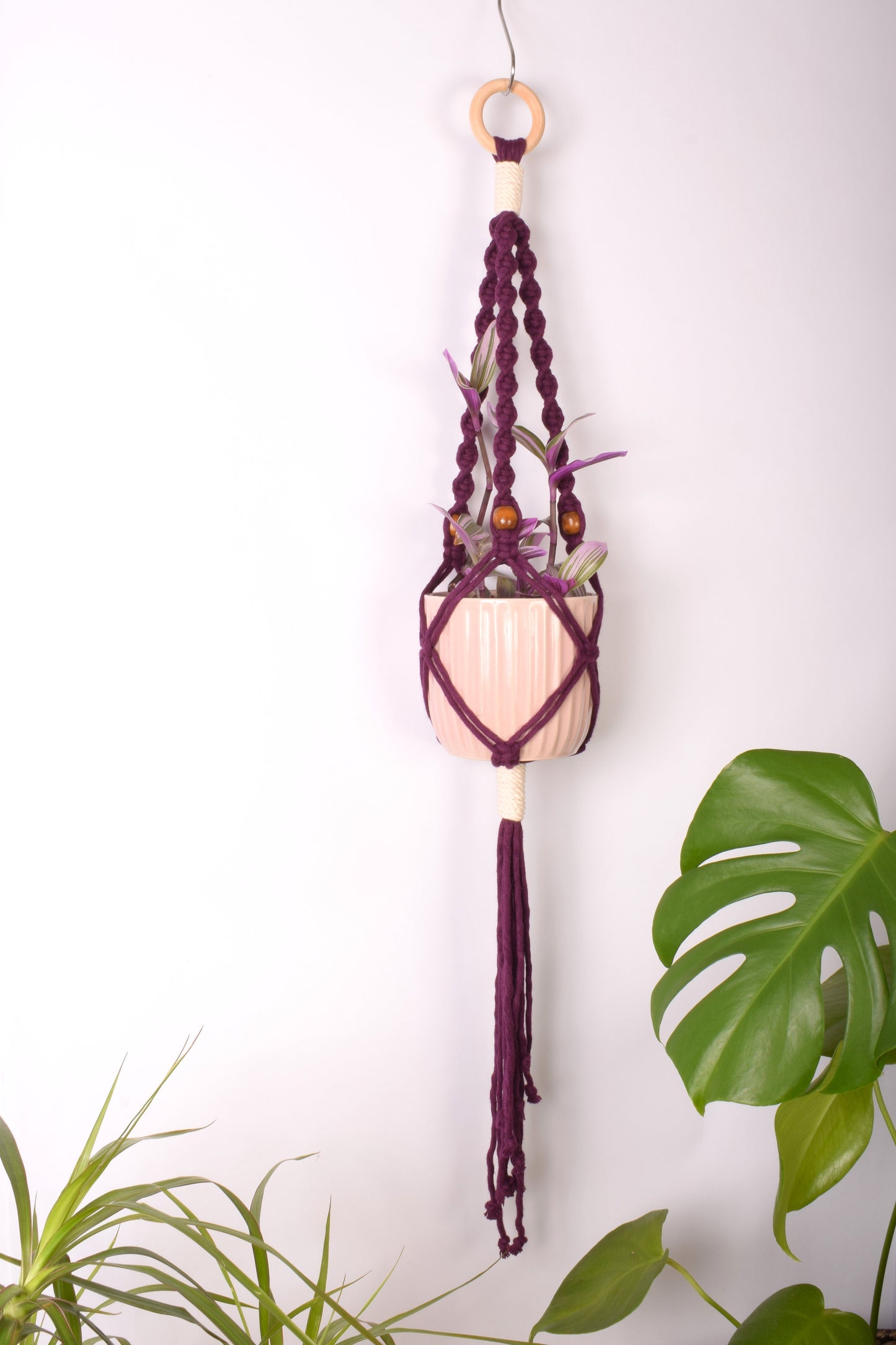 A plum-purple spiral knotted plant hanger with brown beads. The hander is holding a pink ceramic pot with a plant in it. There are large plants around the base of the hanger.