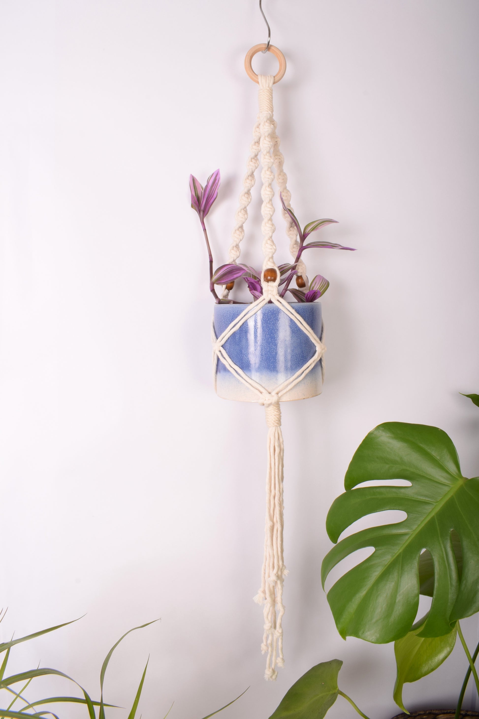 A white spiral knotted plant hanger with brown beads. The hander is holding a pink ceramic pot with a plant in it. There are large plants around the base of the hanger.